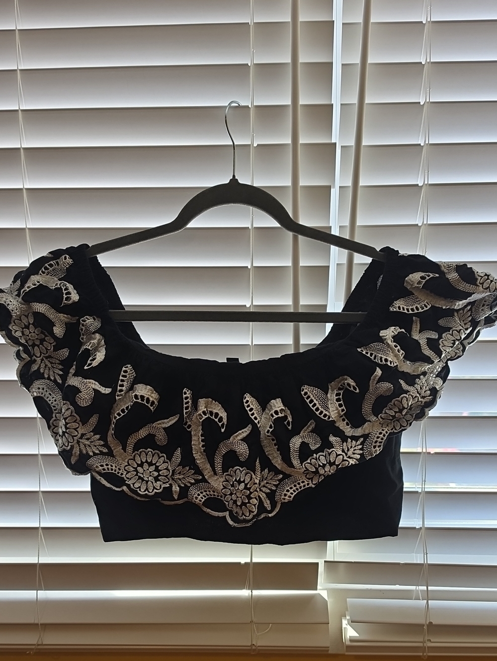 Express Black Off-Shoulder Embroidered Crop Top